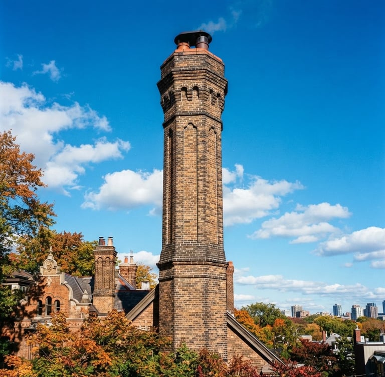 Wide shot of a historic brick chimney with intricate tuckpointing detail, against a crisp autumn sky, high-contrast natural daylight, 35mm lens, bleeding to the right edge.