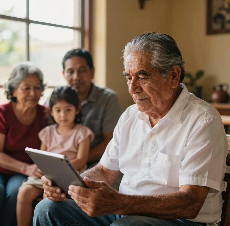 Warm editorial photography, soft natural daylight, a dignified Mexican senior man sitting by a window reading a tablet, warm multi-generational family moment in the background, rich high-contrast tones, 35mm.