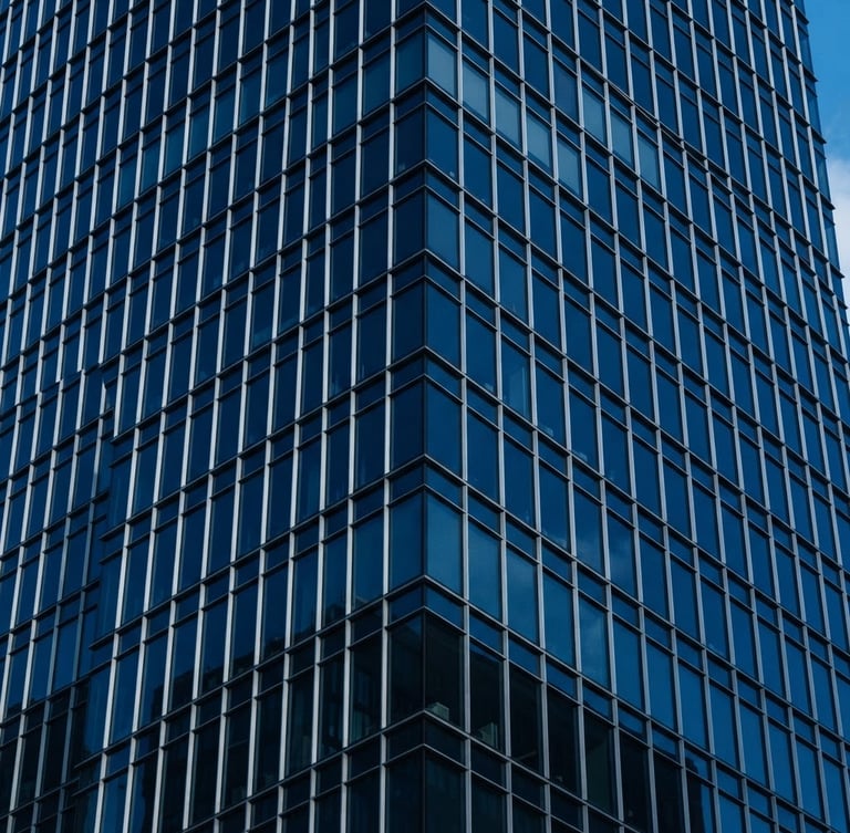 Minimalist corporate architecture, sharp steel and glass facade, deep blue tones, clean geometric lines, 35mm lens