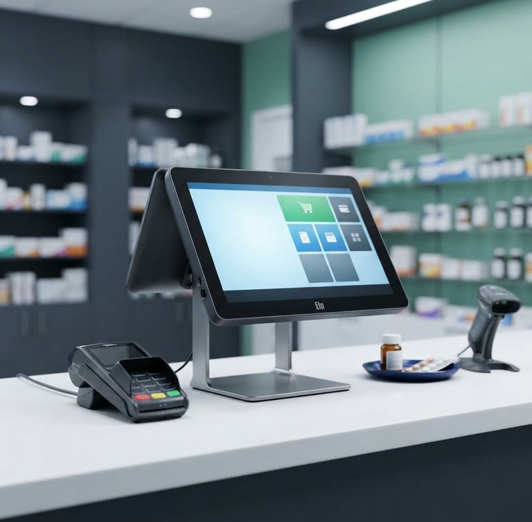 Crisp commercial photography of a sleek POS terminal on a clean white pharmacy counter, cool ambient architectural lighting with deep slate and mint tones, sharp focus, 50mm lens.