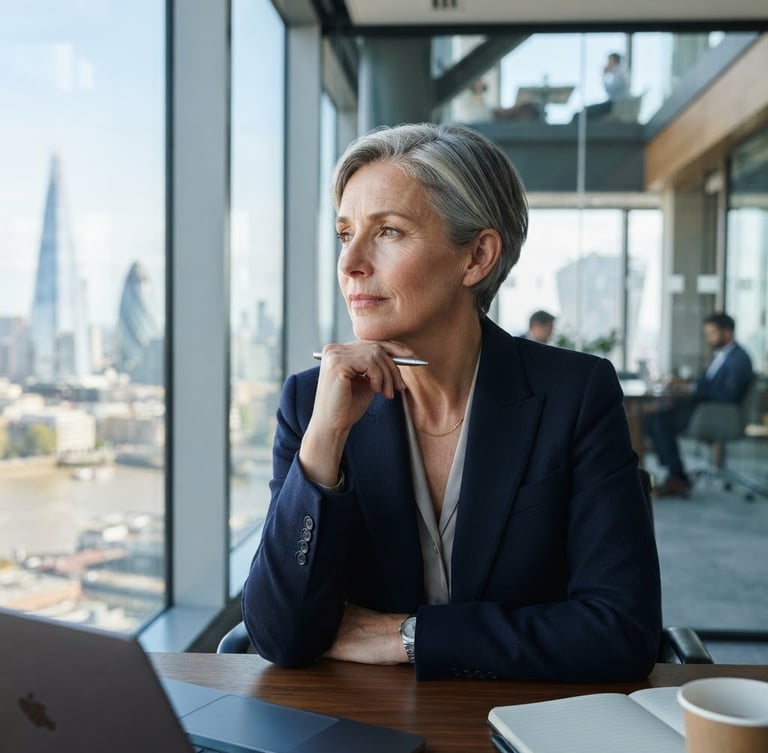 Close-up portrait of a thoughtful executive in a sunlit, modern architectural office in London, looking slightly off-camera, cool tones, sharp focus, 35mm lens
