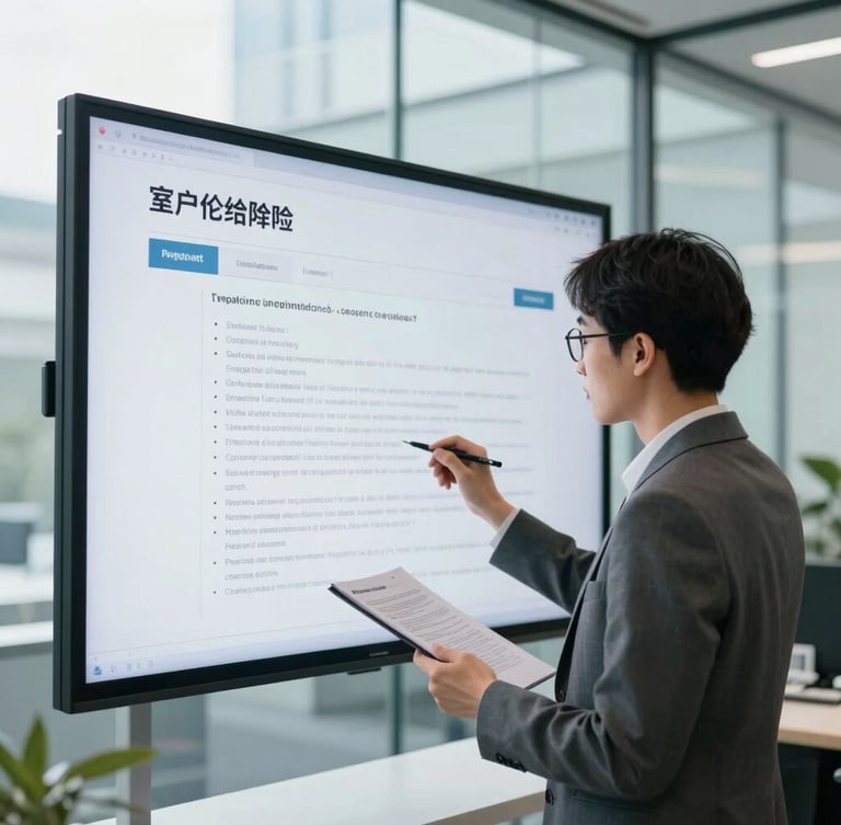 A focused corporate analyst reviewing compliance documentation on a large display in a bright, modern glass office, cool crisp tones