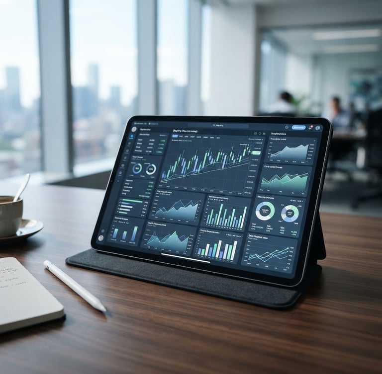 Close-up of a clean, modern workspace with a high-end tablet showing secure analytical data, bright natural daylight, cool corporate tones