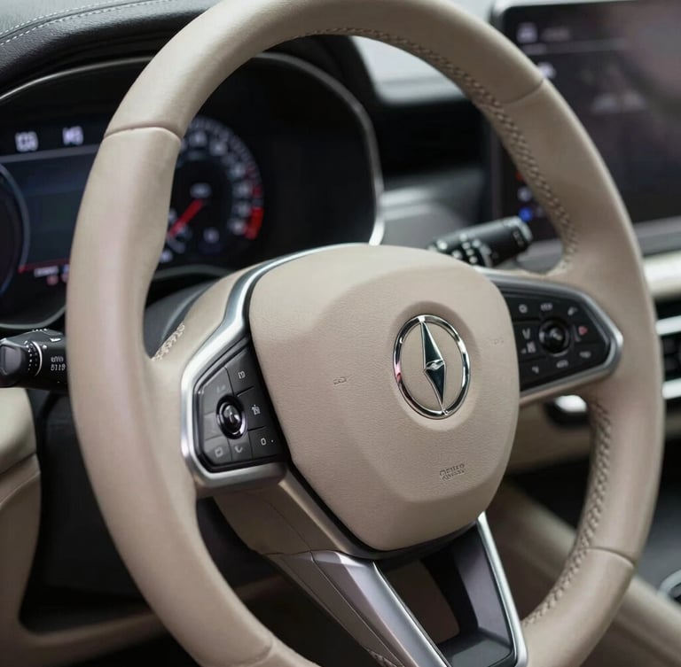 Tight macro shot of a clean leather steering wheel and digital dashboard of a premium car, soft studio lighting