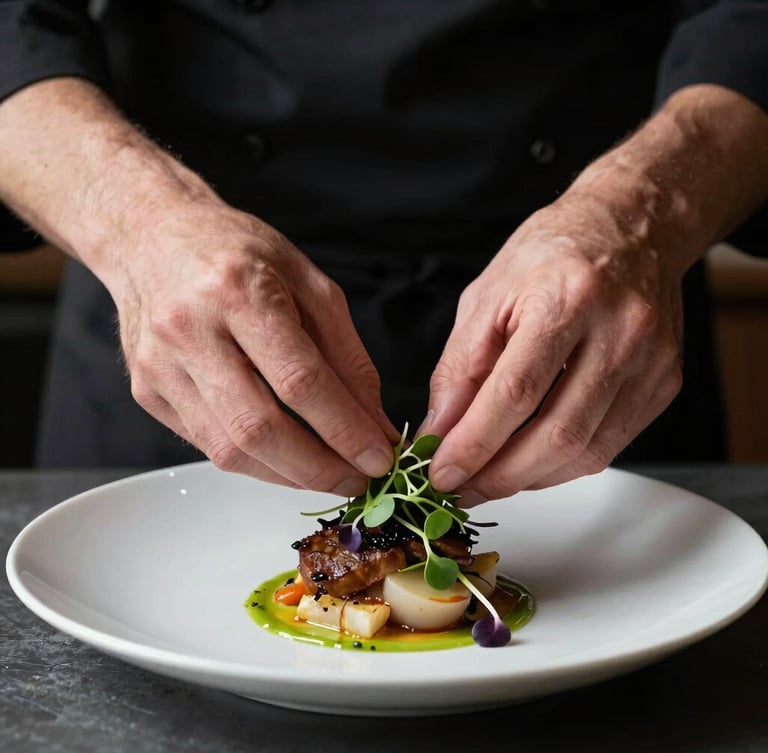 A chef's hands carefully placing a microgreen garnish on a beautifully plated dish, soft natural side-light with high contrast shadows, editorial food photography, 50mm lens.