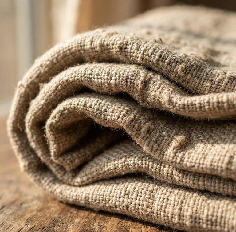 Macro detail shot of folded heavy-weight Belgian linen blanket in oatmeal and raw plaster tones, low-angle afternoon window light casting deep soft shadows, rich raw texture of thick threads visible, shallow depth of field