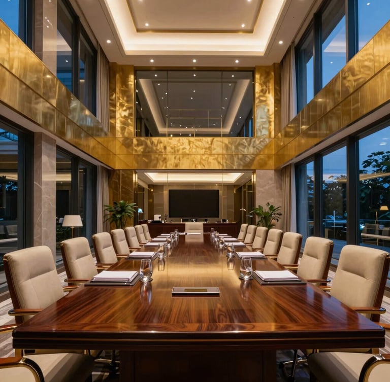 Wide architectural shot of a modern Hanoi luxury hotel boardroom, crisp evening illumination, gold accents reflecting on dark polished wood, 35mm lens