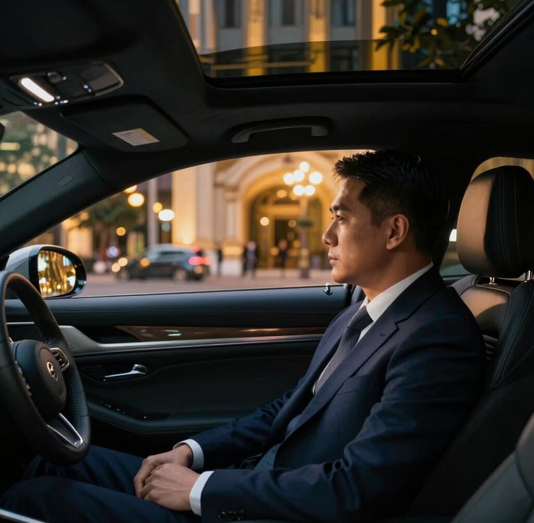 Sleek luxury sedan interior, executive passenger in sharp suit looking out at Saigon evening lights, crisp reflections, premium editorial lighting, 35mm lens