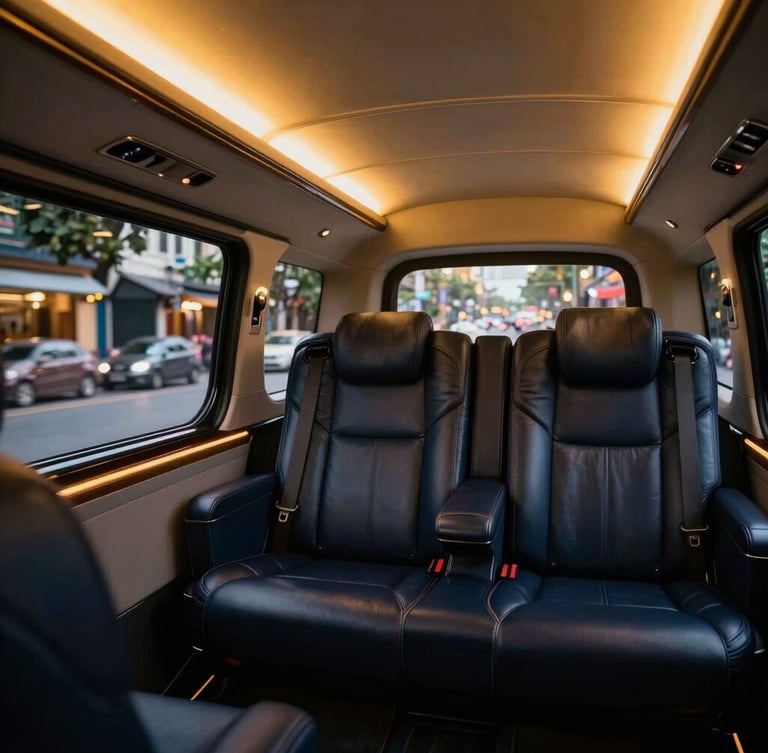 Interior of a luxury private transport vehicle, sleek leather seats, warm gold ambient lighting, crisp evening view of Hanoi streets blurred through the window, portrait aspect