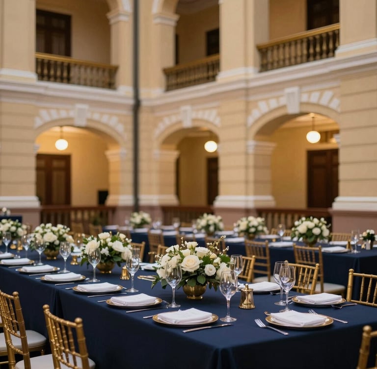 Crisp evening event lighting illuminating a beautifully arranged corporate gala dinner table inside a historic Hanoi colonial building, warm gold accents, premium editorial photography