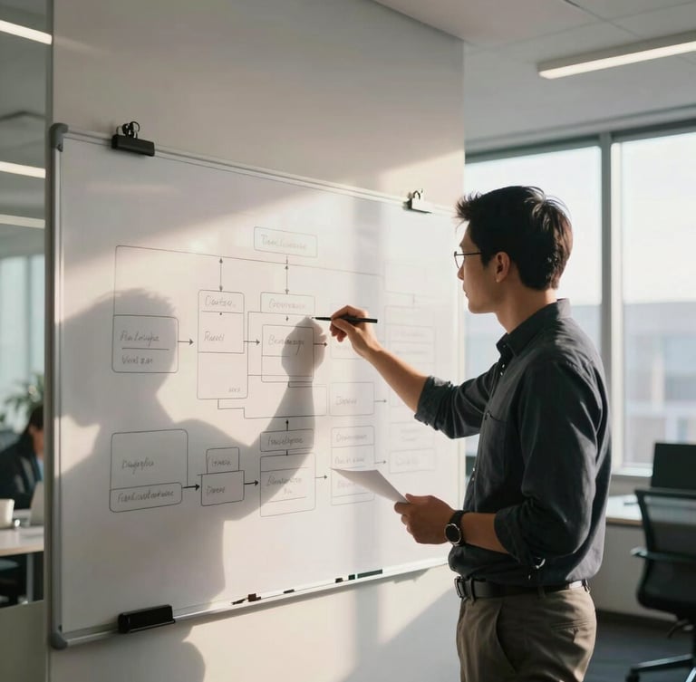 A collaborative whiteboarding session in a bright, modern office. Two professionals discussing a clean flowchart, warm sunlight streaming through large windows, clean architectural lines.