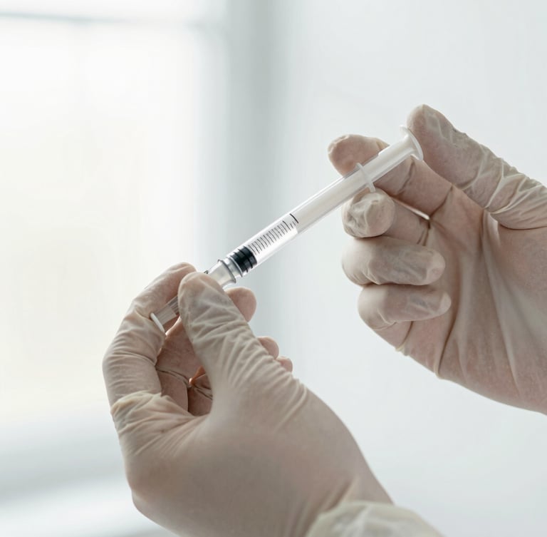 Close-up of a precise clinical procedure, sterile gloved hand holding a syringe, bright clinical daylight, soft desaturated tones, shallow depth of field