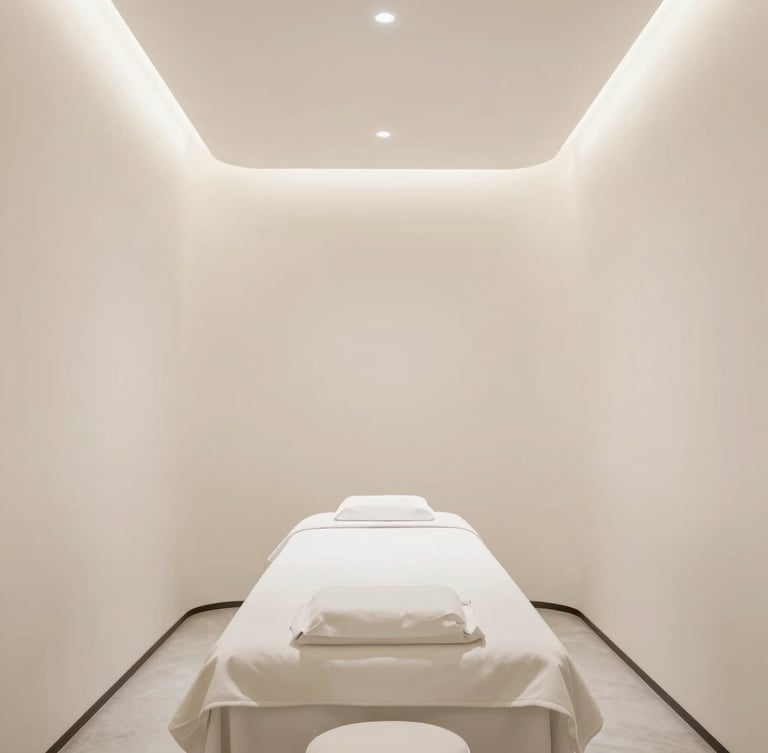 Bright editorial architectural shot of a modern luxury medical spa interior, treatment room with clean lines, soft clinical daylight, minimalist luxury aesthetic