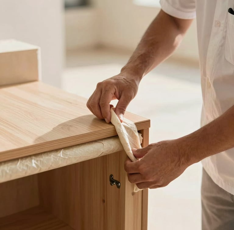 Close-up of hands in clean professional uniforms carefully wrapping a delicate wooden cabinet with thick protective padding, warm natural lighting, 35mm.