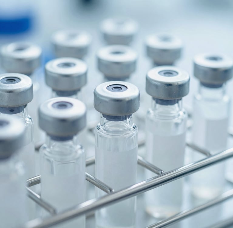 Close-up of sterile specimen transport vials arranged in a cool-toned metal rack, bright clinical laboratory lighting, sharp macro focus