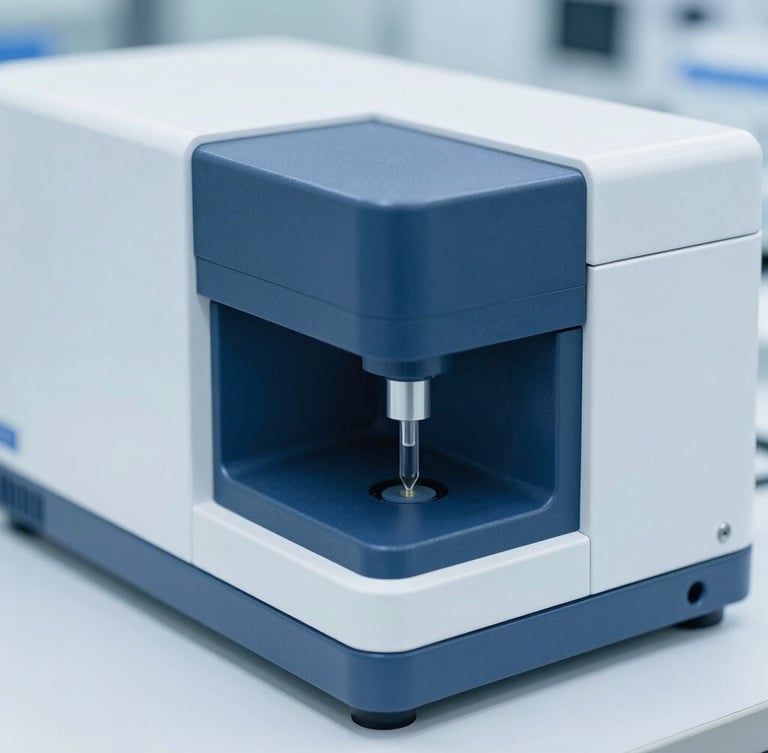Macro shot of high-end clinical analyzer, bright sterile laboratory lighting, cool blue and white tones, sharp focus, 35mm