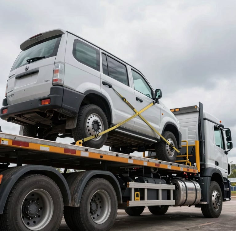 Low-angle heroic shot of a heavy-duty flatbed towing truck securing a modern vehicle with tension straps, overcast steel daylight, industrial textures.