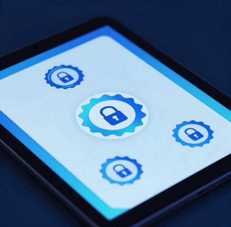 Close-up of a high-tech tablet screen displaying a digital certification badge with official security seals, cool blue and cyan backlighting, sharp focus