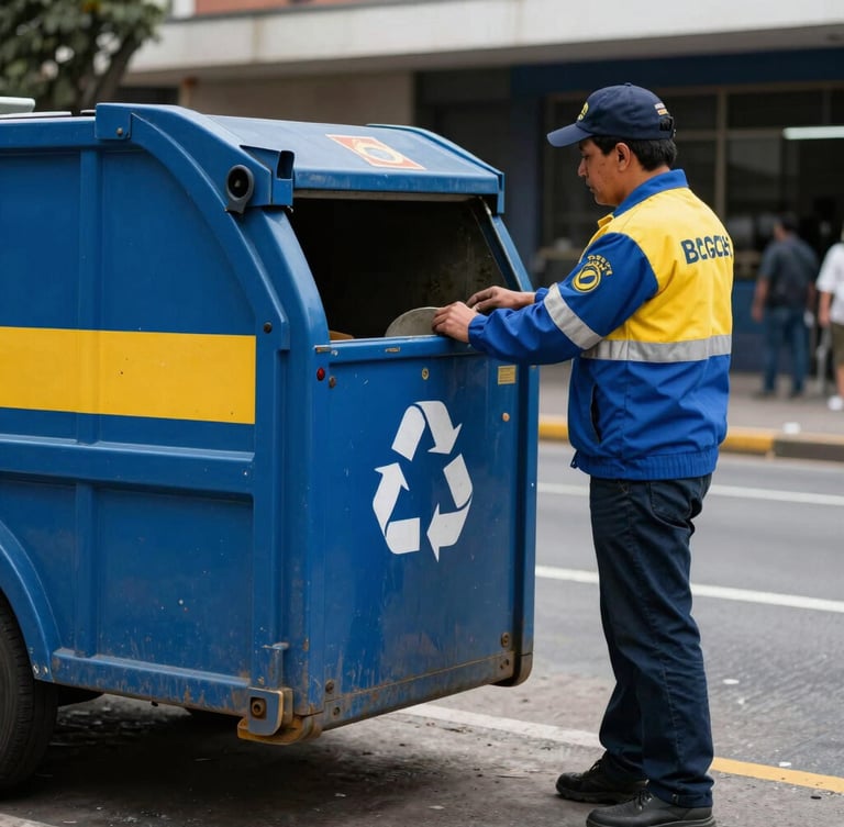 Plano medio de un reciclador de oficio de Bogotá con uniforme oficial azul y amarillo al lado de su vehículo de recolección, luz clara de Bogotá.