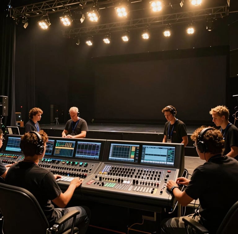 Dynamic wide shot of professional stage production crew behind a massive soundboard, high-contrast stage lighting, warm gold and deep charcoal tones, sharp focus, 35mm lens.