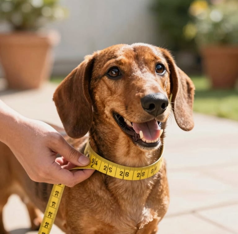 Bright editorial pet photography, close-up of a happy dachshund being gently measured with a yellow tape measure on a sunny patio, warm natural daylight.