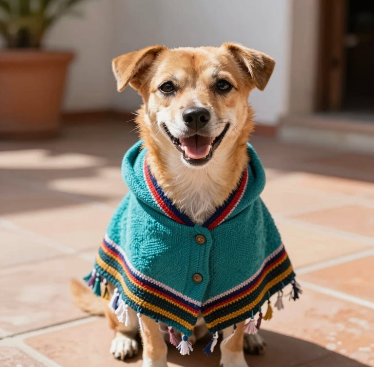 Close-up of a happy small dog wearing a colorful hand-woven teal poncho, sitting on a sunny tiled Mexican patio, warm natural light, shallow depth of field