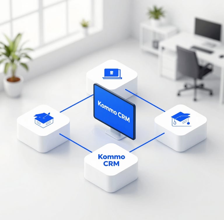 Clean isometric tech diagram showing API connections between Kommo CRM and external databases, bright studio lighting, white and electric blue tones