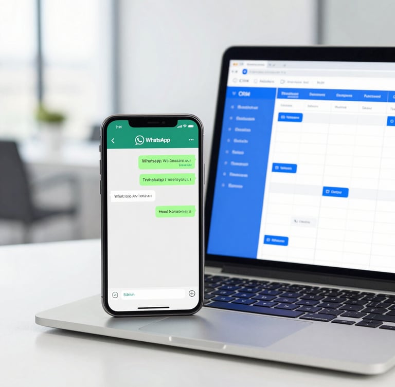 A modern smartphone displaying a clean WhatsApp chat interface next to an open laptop showing an organized CRM kanban pipeline, bright corporate office lighting, electric blue accents, professional 35mm