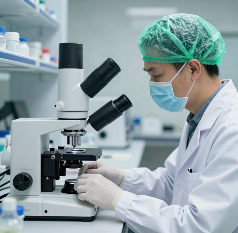 A scientist in a sterile white lab coat operating modern testing equipment, high-detail macro, clinical cool lighting, 35mm