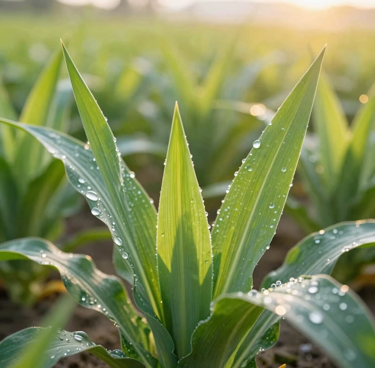 Vibrant close-up of healthy green crop leaves with glistening water droplets, sunlit agricultural field in the background, warm golden-hour lighting, macro 35mm