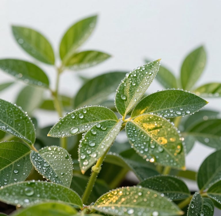Close-up of vibrant green soybean leaves covered in crisp morning dew, glowing golden-hour sunlight filtering through, sharp focus on leaf veins, high-detail macro, 35mm.