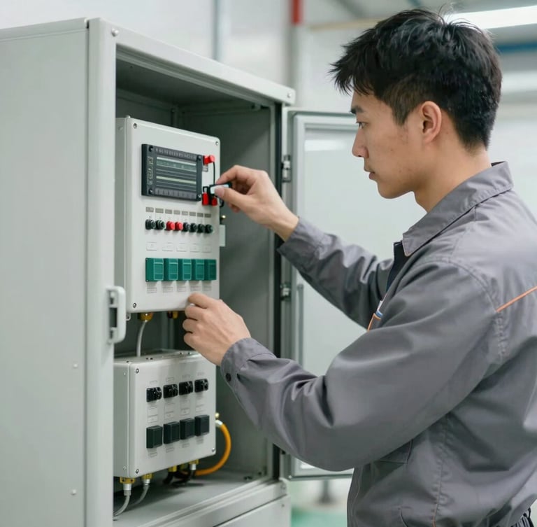 Medium shot of a professional technician in a clean gray uniform adjusting a complex HVAC control panel, bright crisp lighting, clean industrial setting.