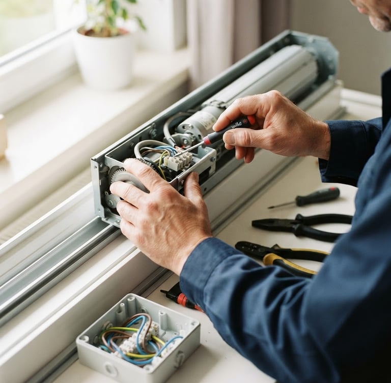 Gros plan sur les mains d'un artisan expert, outils propres, réparant un mécanisme de volet roulant électrique, lumière du jour claire, détails nets, ambiance rassurante.