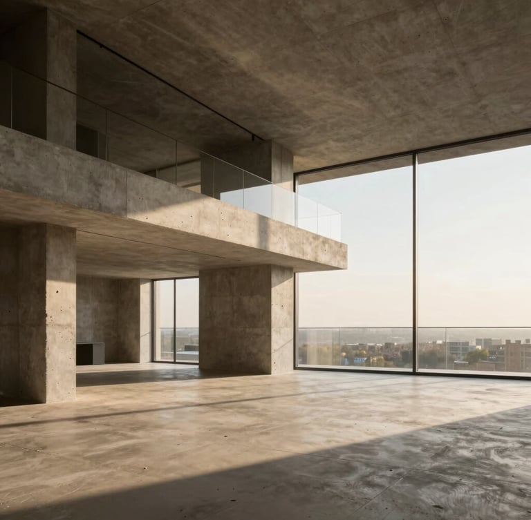 Immersive eye-level architectural capture of a luxury concrete penthouse interior, warm golden hour sunlight casting long geometric shadows, high-fidelity visualization, ultra-detailed textures, negative space on the right.
