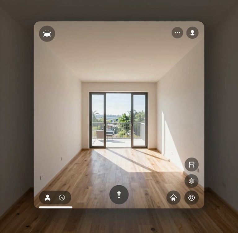 First-person perspective of a high-fidelity virtual tour interface, showing clean modern apartment interior with interactive UI overlay elements, sharp digital glow, realistic daylight