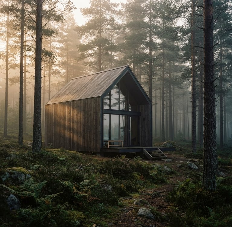 A minimalist architectural wooden cabin standing isolated in a misty pine forest, soft morning light, dramatic shadows, cinematic 35mm photography