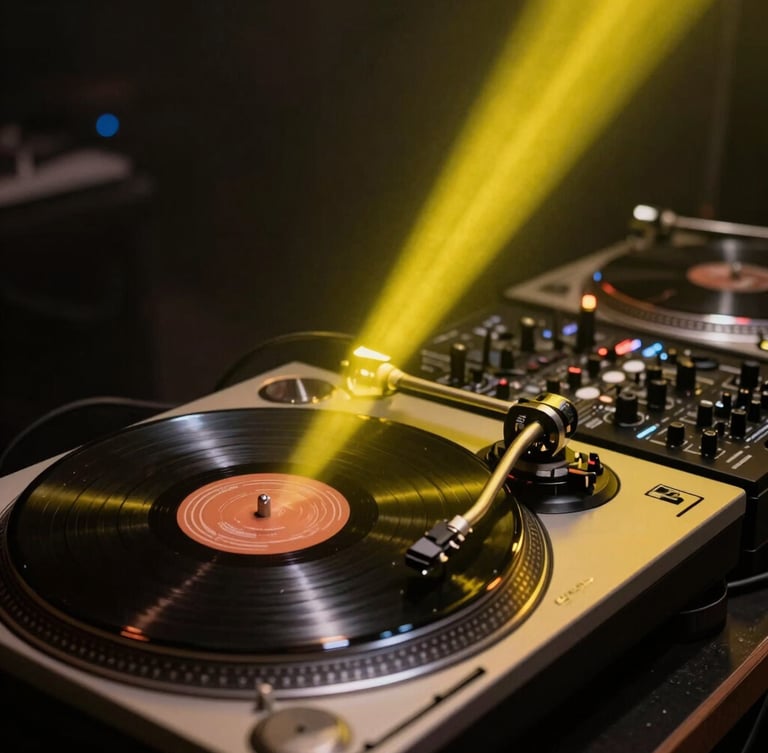 Atmospheric low-light close-up of professional vinyl turntables and DJ mixer, sharp electric-acid yellow light beam cutting through subtle haze in a dark venue.
