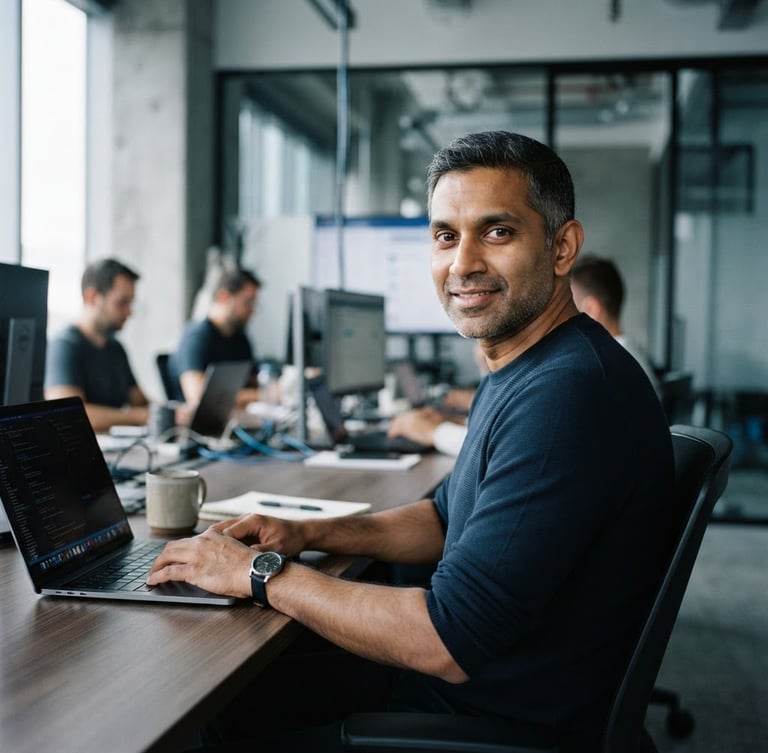 A professional, natural portrait of Brian Gopaul in a modern workspace, cool natural window light, desaturated slate tones, sharp focus, 35mm.