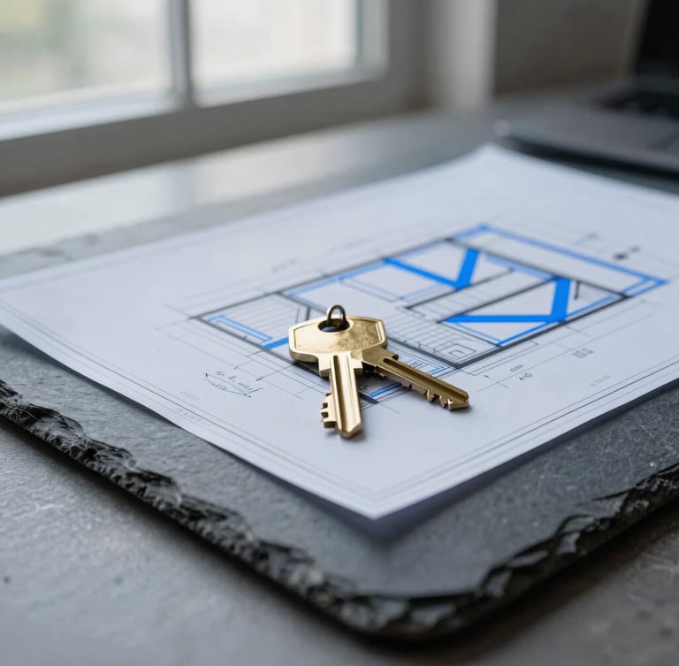 Close-up detail of modern architectural blueprints and brass keys resting on a slate gray desk, cool window light, clean tech photography style.