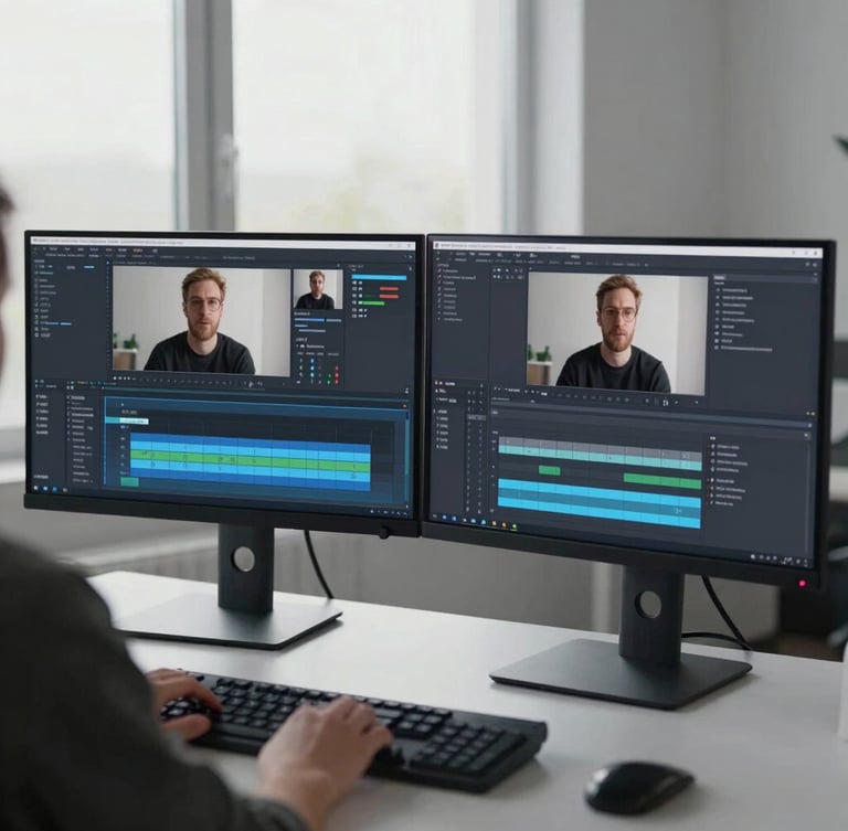 A clean over-the-shoulder shot of a dual-monitor setup showing video editing software and community management dashboards, electric blue accents.