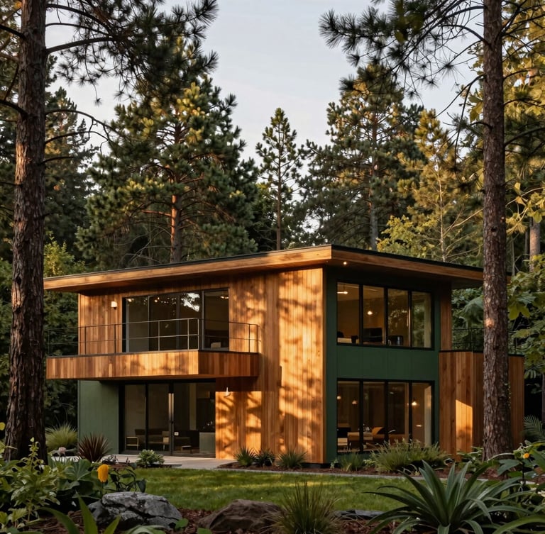Architectural exterior of a modern custom home framed by tall pine trees, soft golden hour light, rich natural wood siding and deep green accents, 35mm warm editorial architectural photography