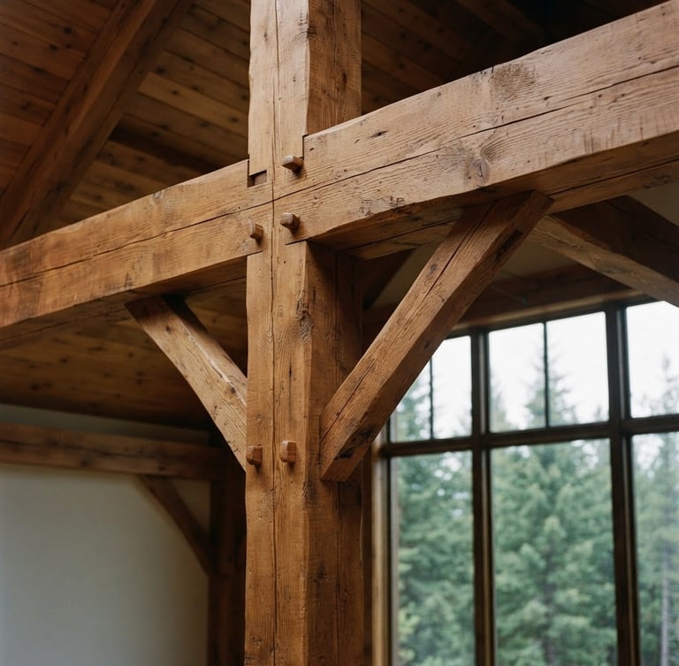 Close-up of clean Inland Northwest timber framing, heavy beams meeting with precision joinery, soft overcast Idaho daylight, warm wood tones, 35mm warm editorial architectural photography