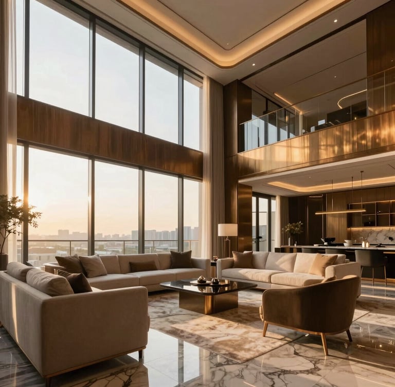 Wide angle architectural shot of a modern luxury living room in a high-rise tower, golden-hour sunlight pouring through floor-to-ceiling windows, rich bronze accents, marble floors, minimalist furniture.