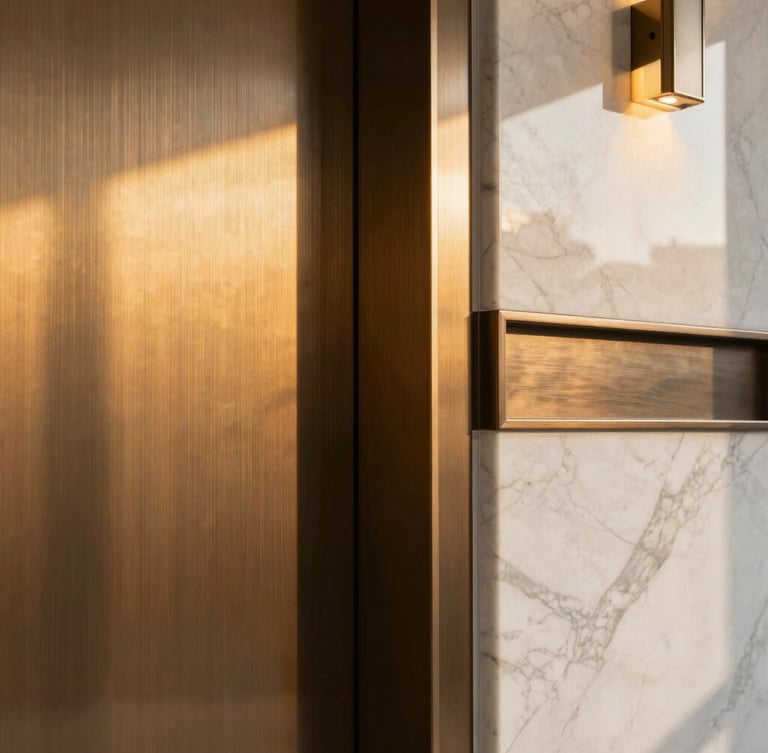 Close-up of premium architectural materials, brushed bronze panels and white marble facade reflecting warm golden hour sunlight, architectural detail, 35mm lens