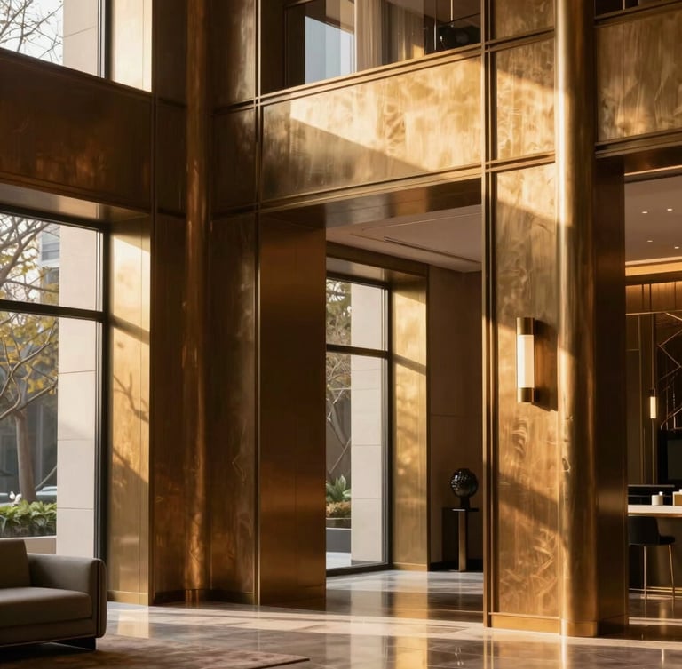 Elegant interior of a luxury residential lobby with rich bronze accents, warm golden-hour light streaming through high windows, minimal furniture, portrait crop
