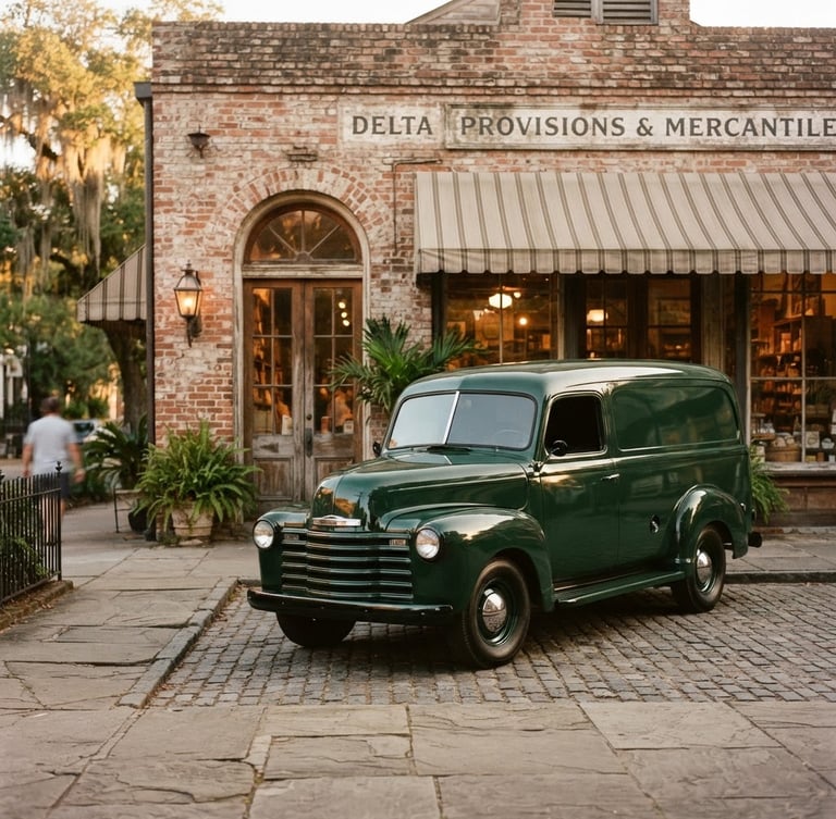 A clean forest-green delivery truck parked outside a brick Louisiana storefront at golden hour, warm lighting, medium environmental shot.