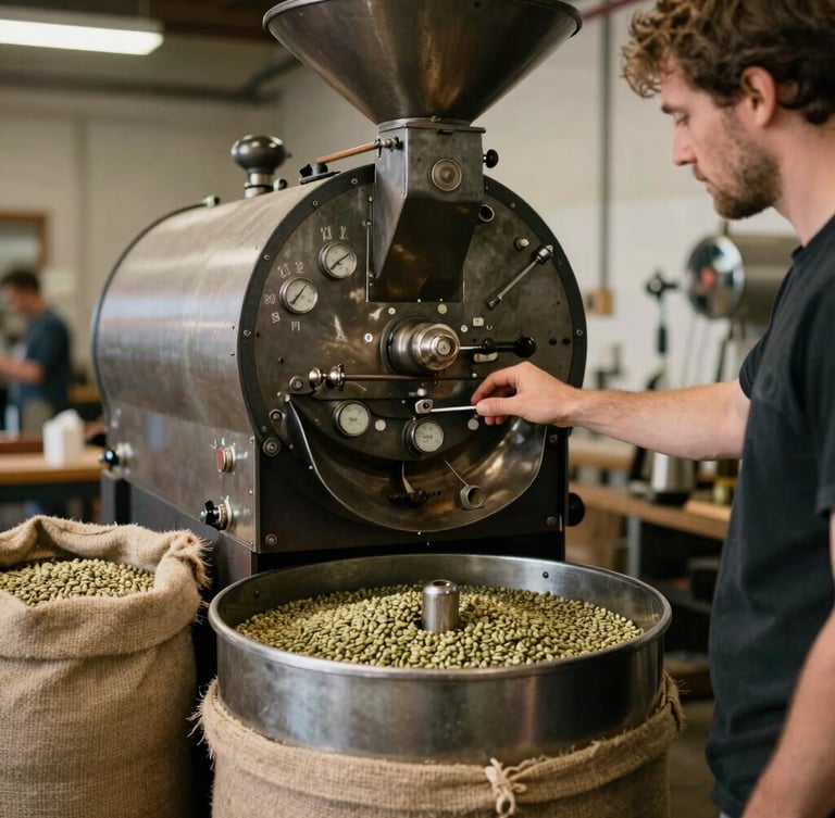 Warm industrial roastery in Zwolle Louisiana, master roaster adjusting dials on a vintage steel coffee roaster, green coffee beans in burlap sacks, shallow depth of field