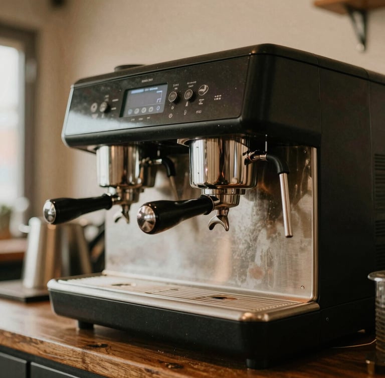 A close-up of a modern commercial multi-burner coffee brewer installed in a clean, industrial-style breakroom, warm lighting.