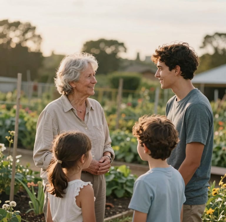 A medium shot of an older church member and a young family chatting warmly outside near a community garden, soft golden hour lighting, natural smiles, 35mm