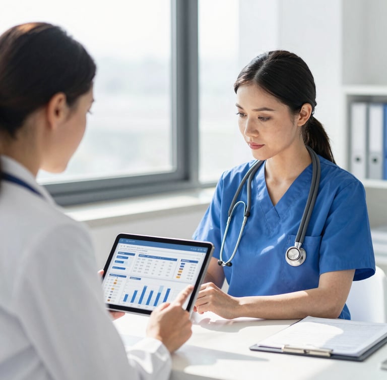 Bright corporate photography of a focused medical practice manager reviewing a clean financial dashboard on a tablet in a modern sunlit clinic, 50mm lens, crisp white and deep blue tones.